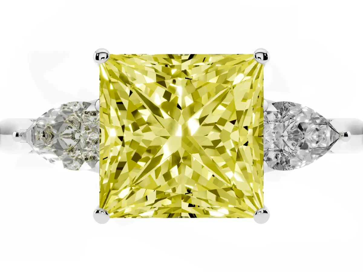 Fancy Yellow Princess Cut Diamond Three-Stone Ring with Pear Side Stones and Prong Setting Silver