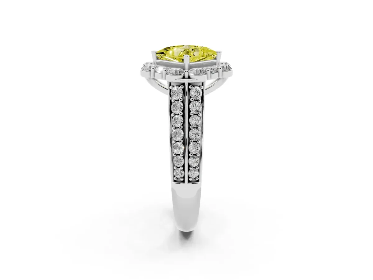 Fancy Yellow Princess Cut Halo Diamond Engagement Ring with Split Shank and Prong Setting Silver