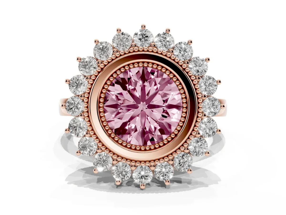 Fancy Pink Round Cut Halo Diamond Ring with Milgrain Edge and Round Prong Setting Rose gold