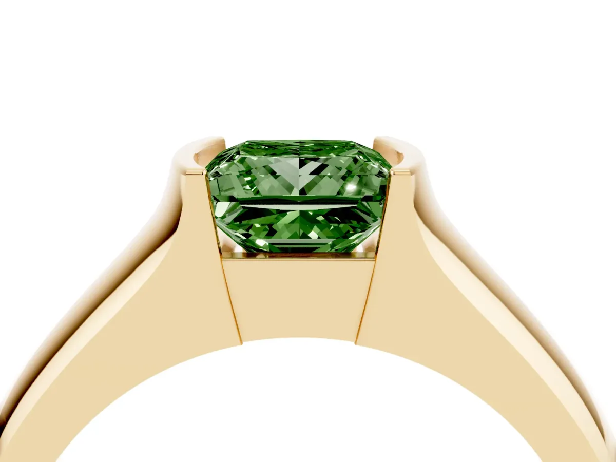 Fancy Green Princess Cut Solitaire Bezel Set Diamond Ring with Wide Band Yellow gold