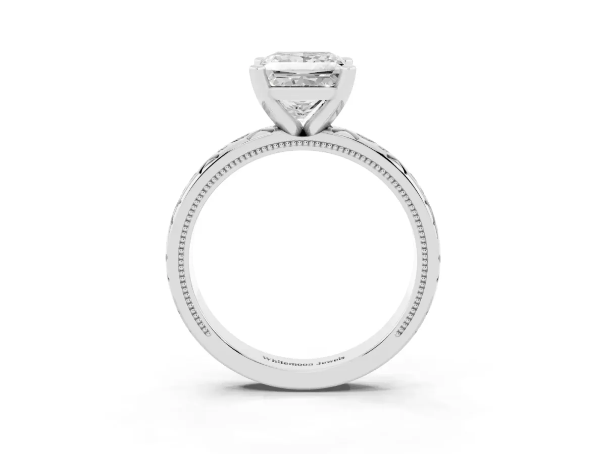 Princess Cut Solitaire Engagement Ring with Scrollwork Band and Four-Prong Setting Silver