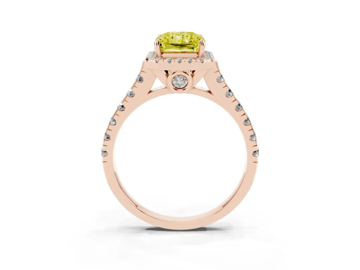 Fancy Yellow Radiant Cut Halo Pavé Diamond Engagement Ring with Four-Prong Setting Rose gold