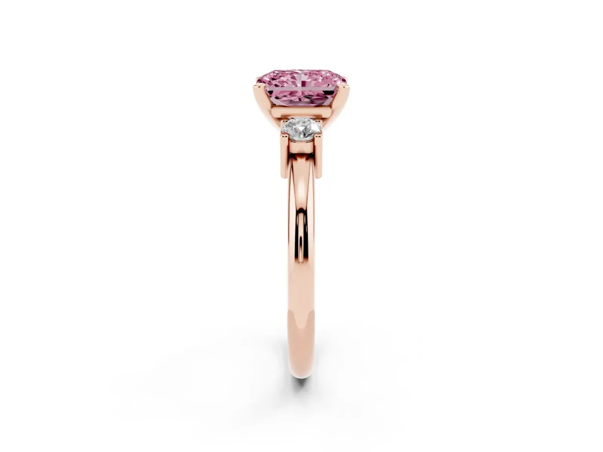 Fancy Pink Three-Stone Radiant Cut Cut Diamond Solitaire with Prong Setting and Classic Band Rose gold