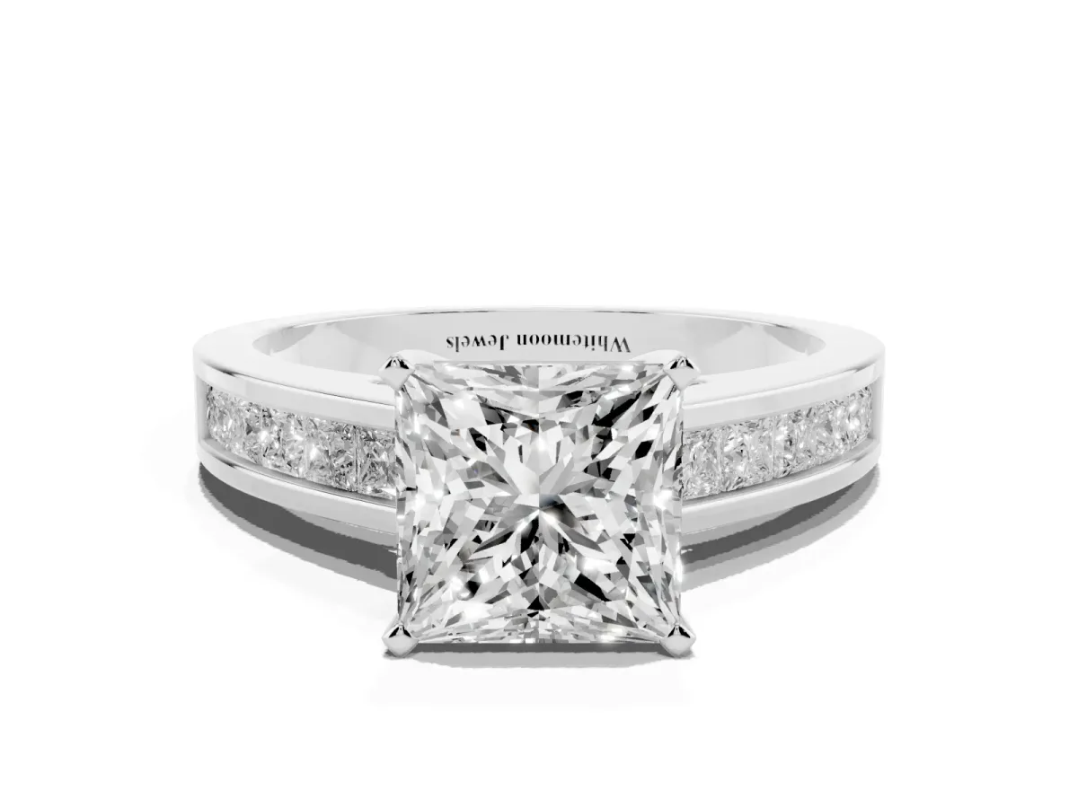 Princess Cut Solitaire Diamond Ring with Channel-Set Band and Four-Prong Setting Silver