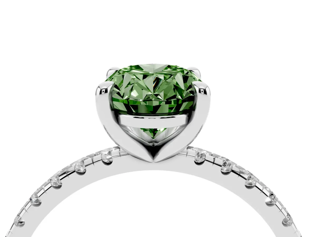 Fancy Green Oval Cut Diamond Brilliant Solitaire Ring with Pavé Band and Four-Prong Setting Platinum