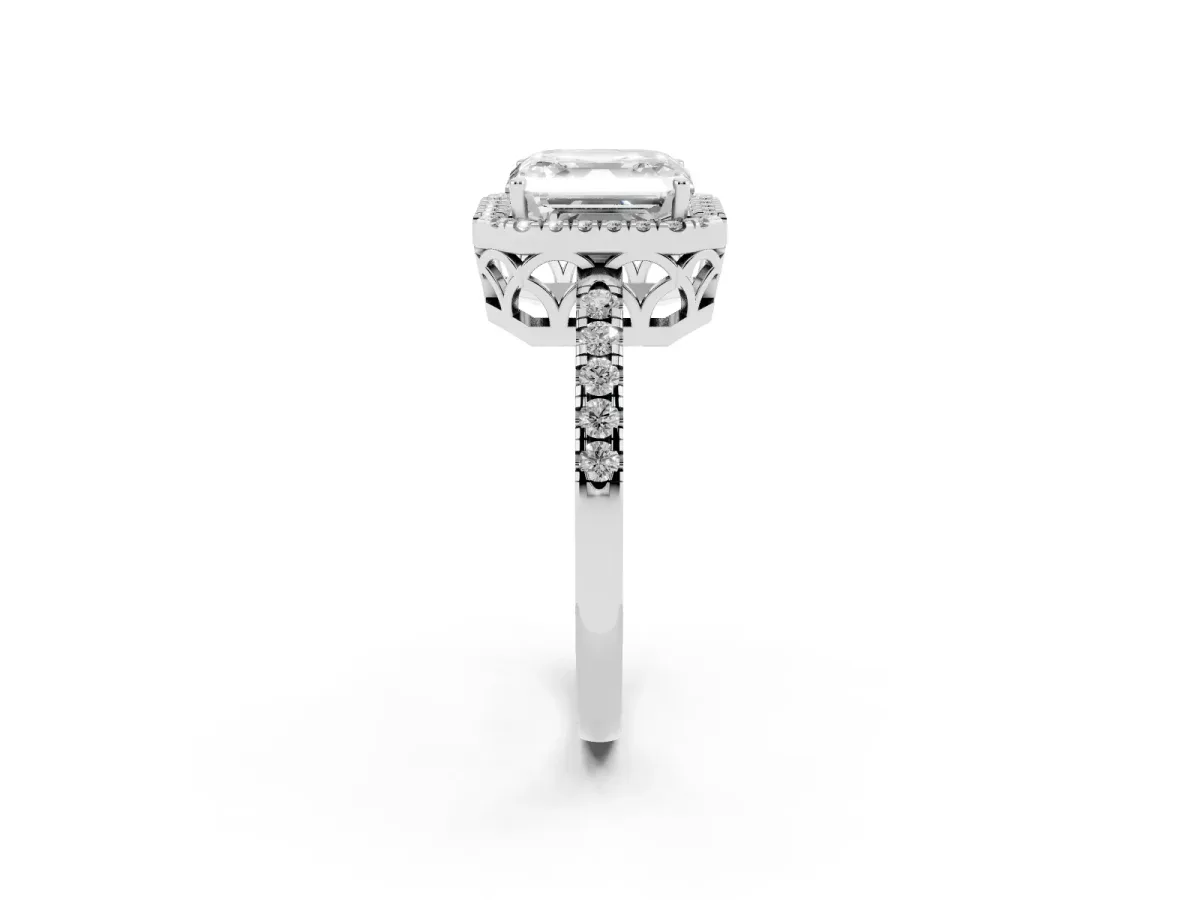 Asscher Cut Halo Diamond Engagement Ring with Pavé Band and Four-Prong Setting Silver