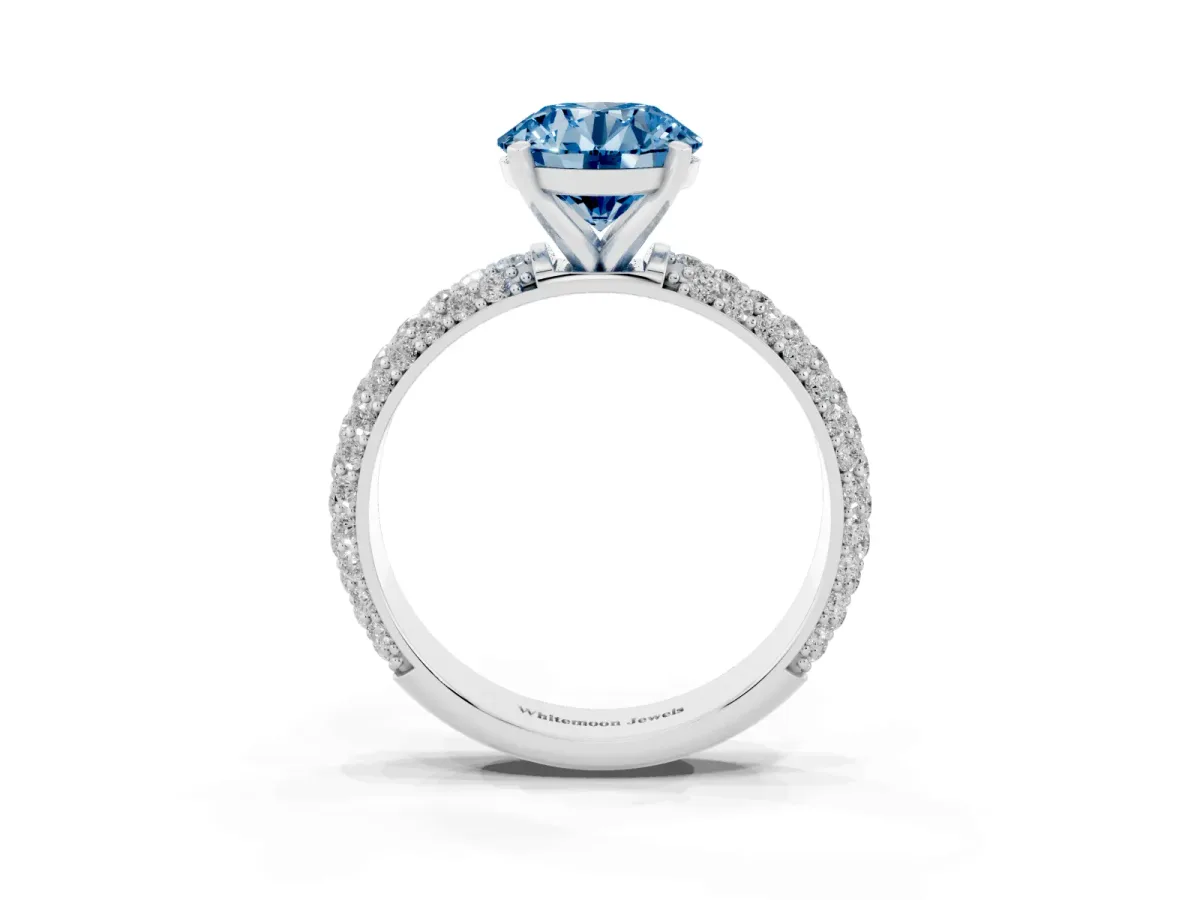 Fancy Blue Round Cut Diamond Solitaire Ring with Prong Setting and Pavé Band Platinum