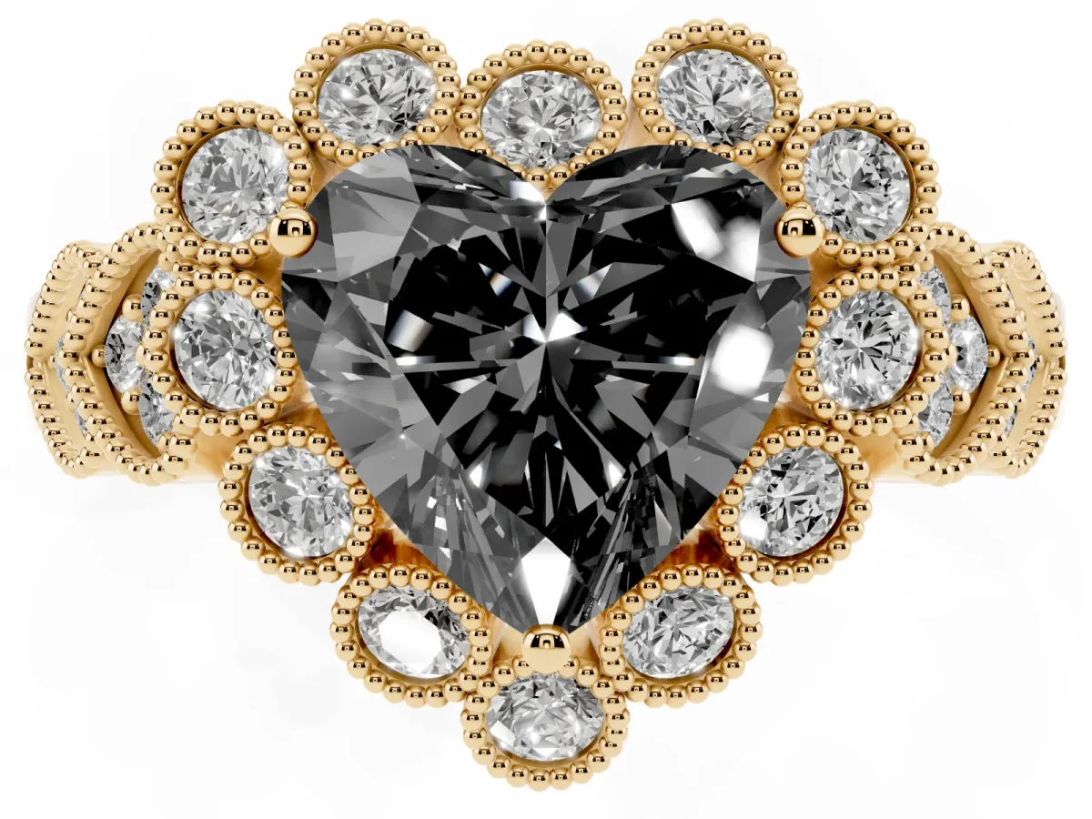 Fancy Black Heart Cut Brilliant Milgrain Pave Heart Band Solitaire Ring Yellow gold