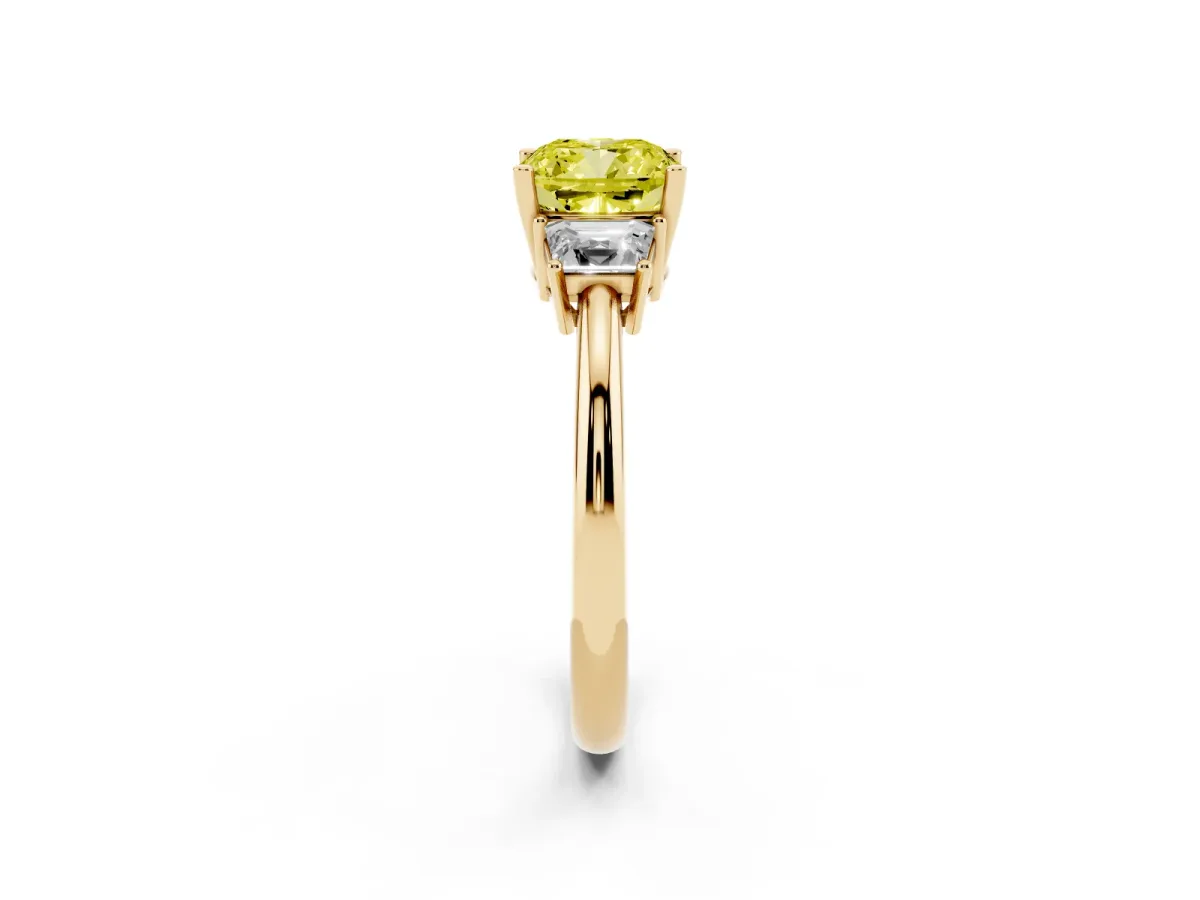 Fancy Yellow Cushion Cut Diamond Three-Stone Ring with Trapezoid Side Stones and Prong Setting Yellow gold