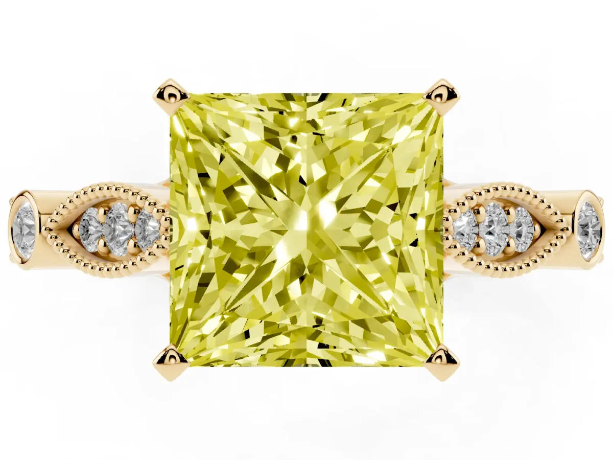 Fancy Yellow Princess Cut Cut Diamond with Milgrain Marquise and Bezel Accents on a Solitaire Band with Prong Setting Yellow gold