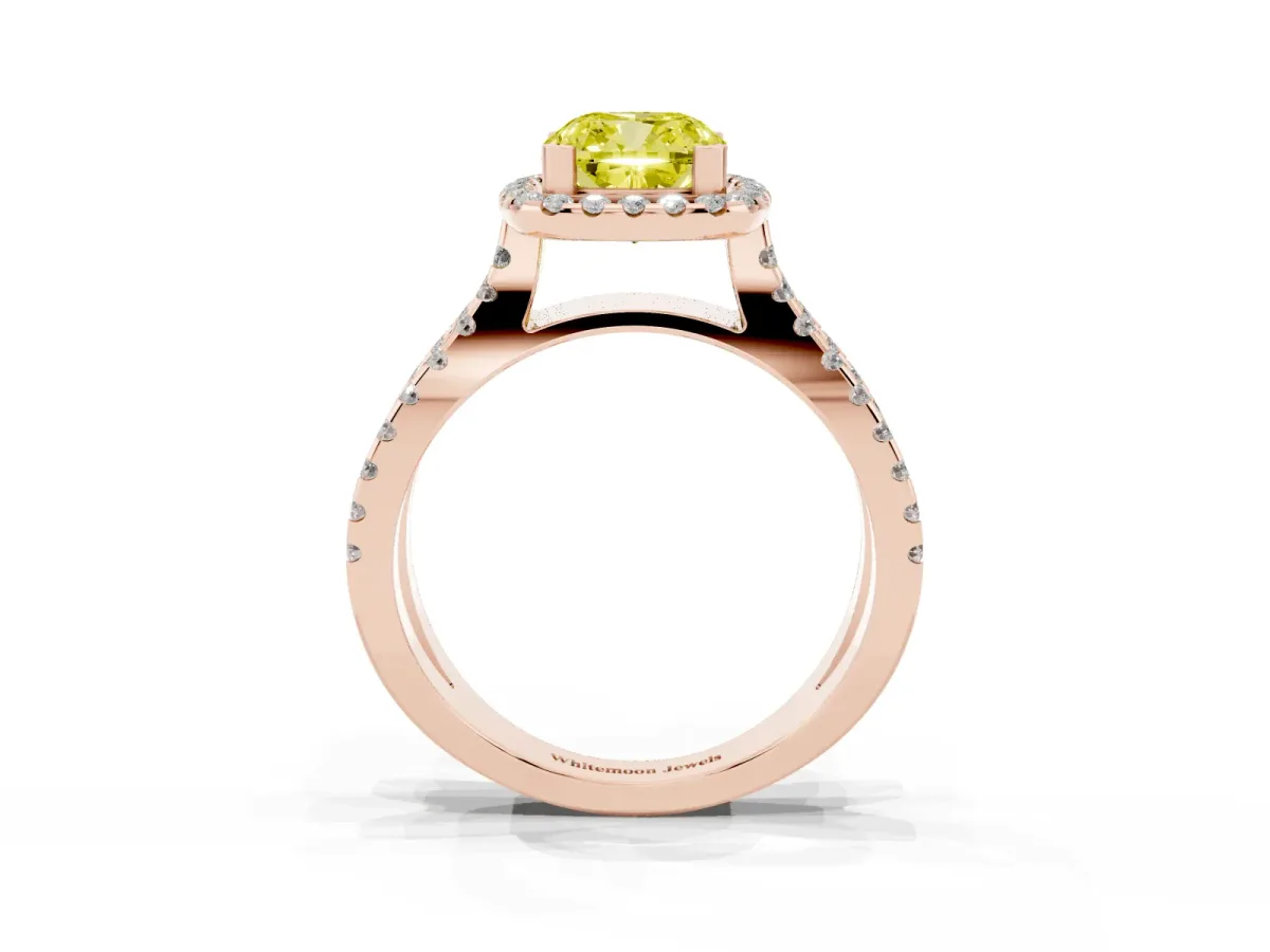 Fancy Yellow Cushion Cut Diamond Halo Ring with Split Shank Pavé Band and Prong Setting Rose gold