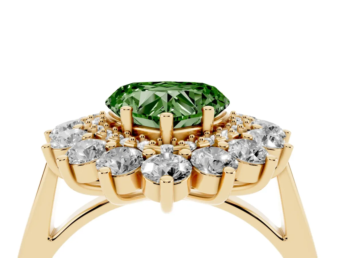 Fancy Green Heart Cut Diamond Floral Double Halo Engagement Ring with Prong Setting Yellow gold