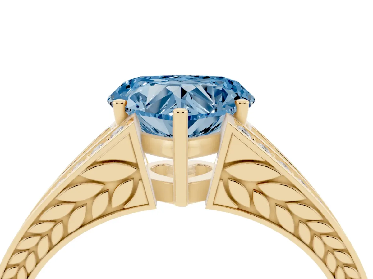 Fancy Blue Heart Cut Diamond Split Shank Ring with Pavé Band and Four-Prong Setting Yellow gold