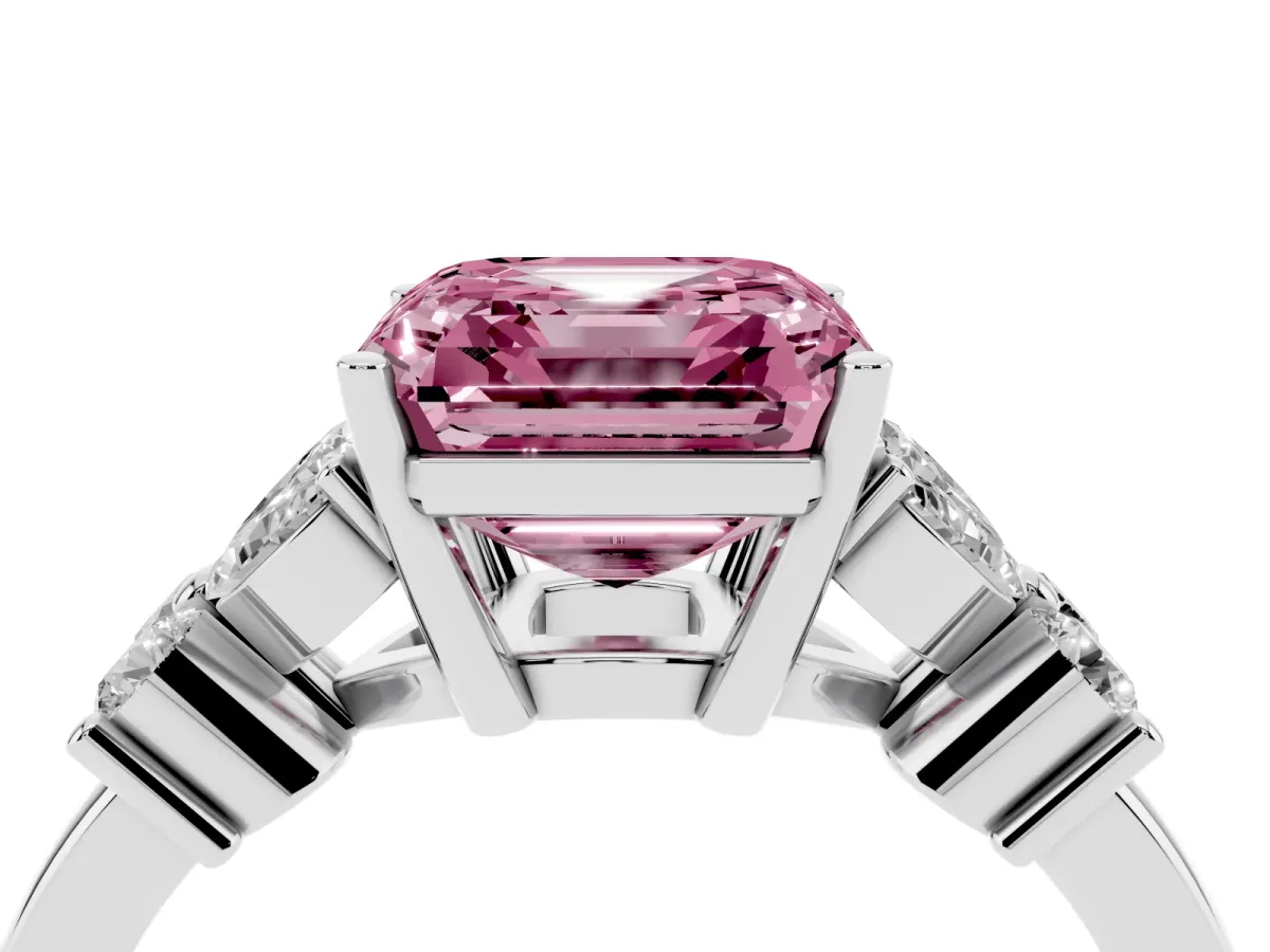 Fancy Pink Asscher Cut Diamond Floral Cluster Ring with Solitaire Band and Prong Setting Silver