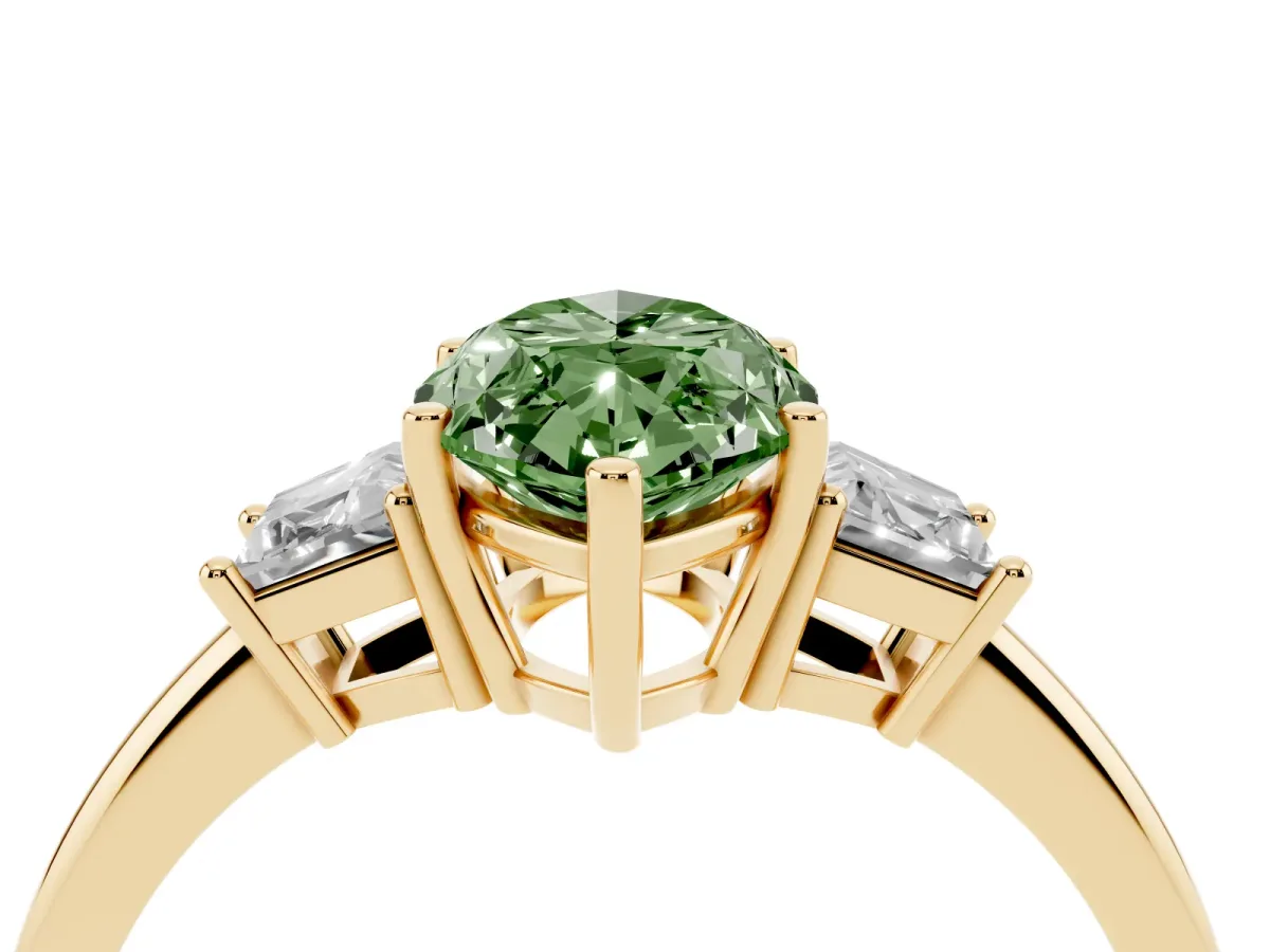 Fancy Green Marquise Cut Diamond Three-Stone Ring with Trapezoid Side Stones and Prong Setting Yellow gold