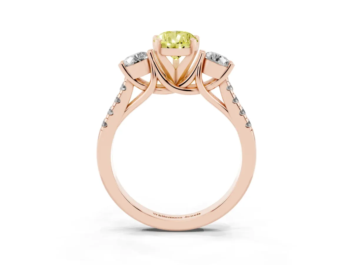 Fancy Yellow Three-Stone Pear Cut Diamond Pavé Band with Four-Prong Setting Rose gold