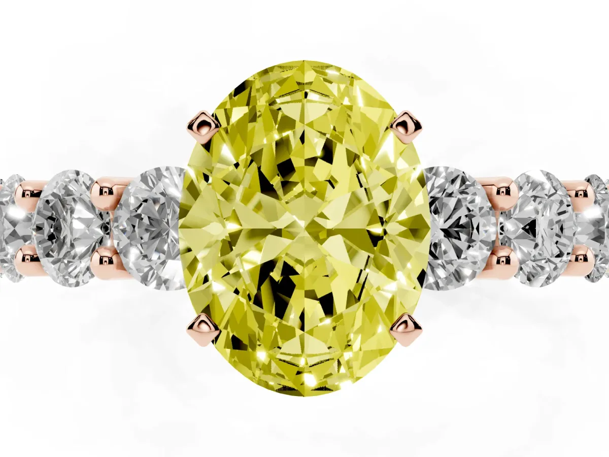 Fancy Yellow Oval Cut Diamond Prong Setting with Side Stones on a Pave Band Rose gold