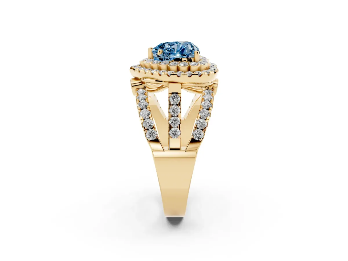 Fancy Blue Heart Cut Diamond Double Halo Ring with Round Pavé Split Shank and Prong Setting Yellow gold