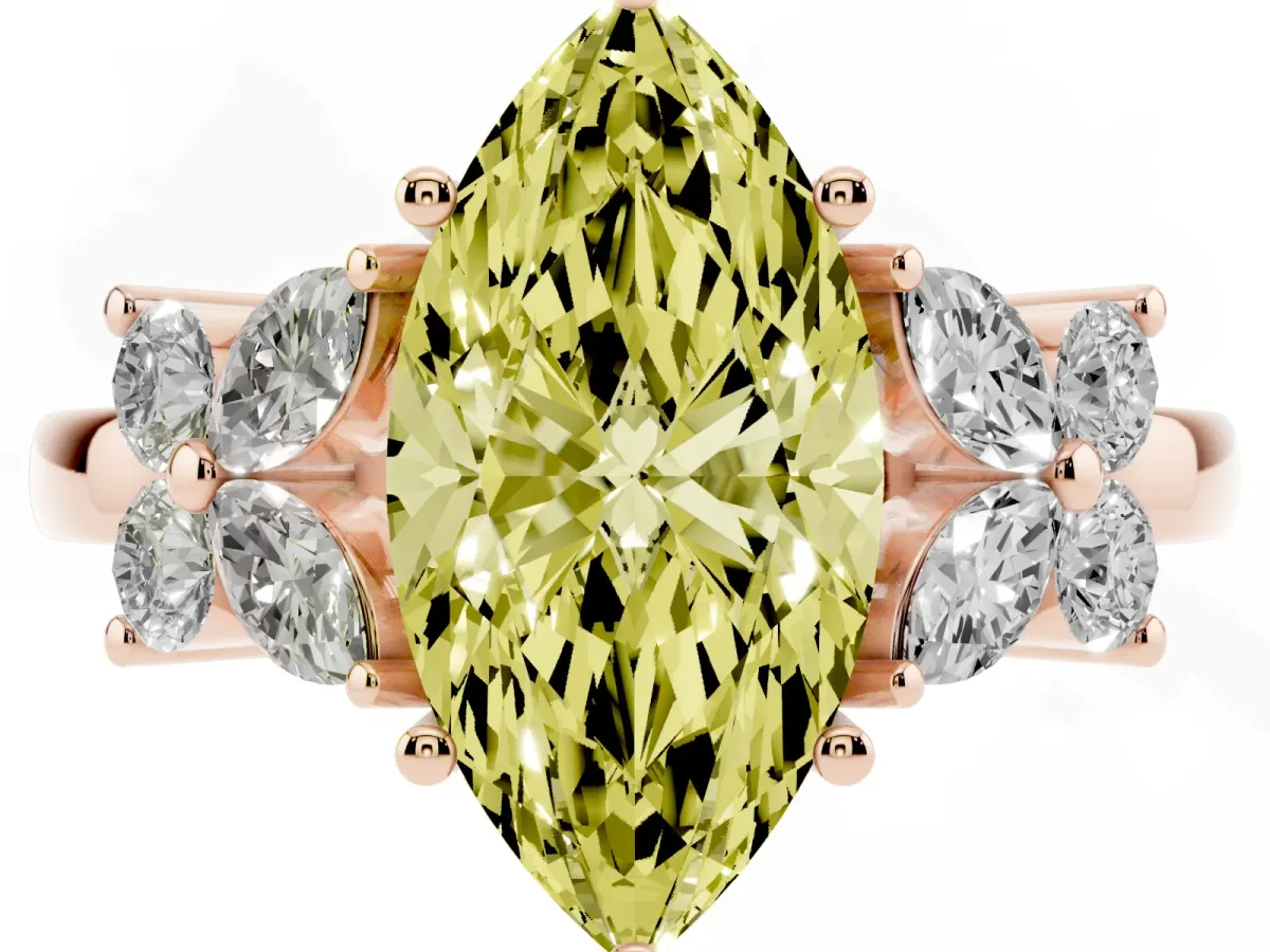 Fancy Yellow Marquise Cut Diamond Floral Cluster Ring with Solitaire Band and Prong Setting Rose gold