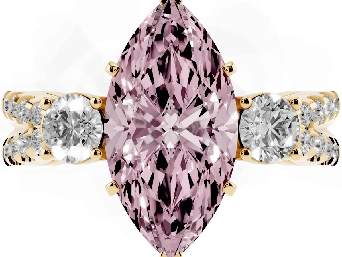 Fancy Pink Marquise Cut Diamond Three-Stone Ring with Pavé Split Shank and Four-Prong Setting Yellow gold
