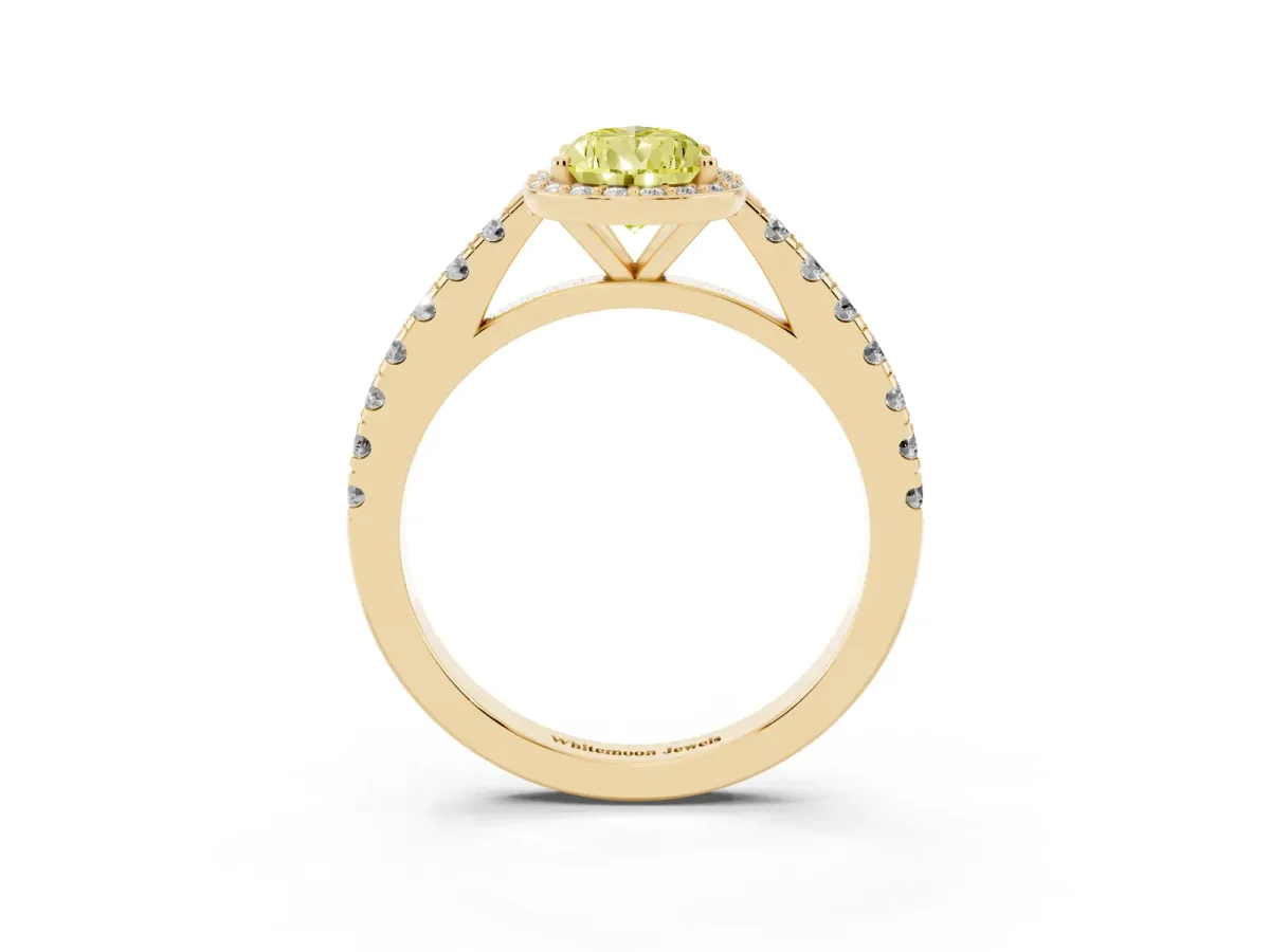 Fancy Yellow Pear Cut Cut Halo Diamond Engagement Ring with Pave Band and Four-Prong Setting Yellow gold