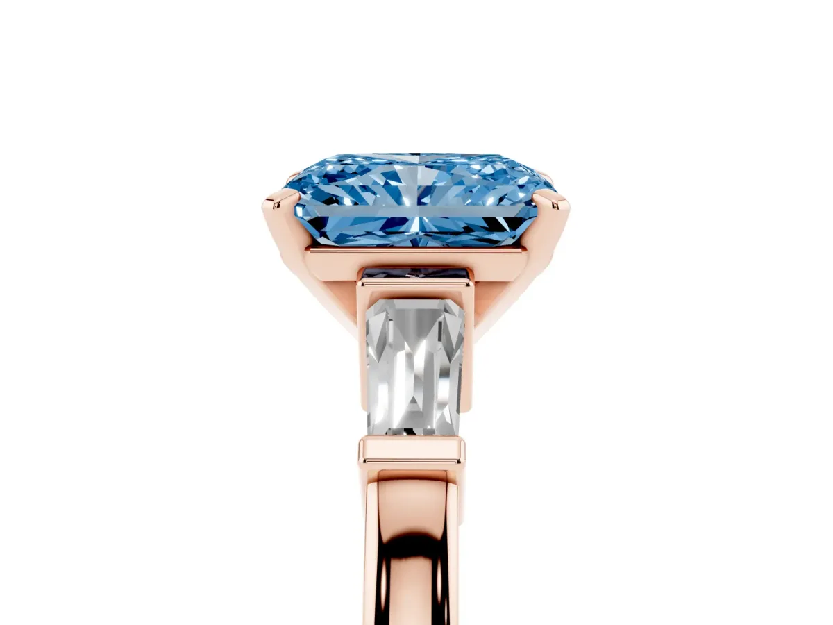 Fancy Blue Radiant Cut Cut Diamond Solitaire Ring with Tapered Baguette Accents and Four-Prong Setting Rose gold