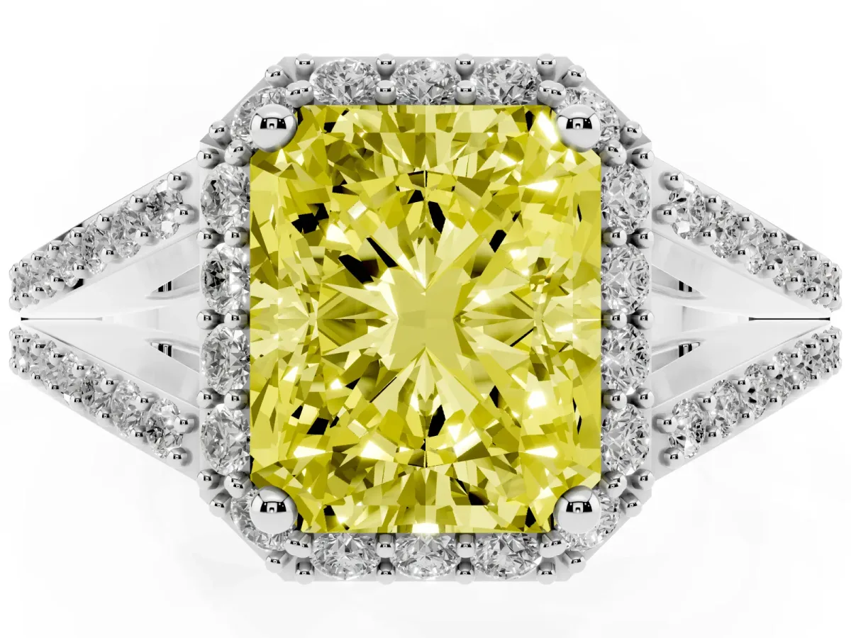 Fancy Yellow Radiant Cut Halo Split Shank Pave Diamond Ring with Four-Prong Setting Platinum