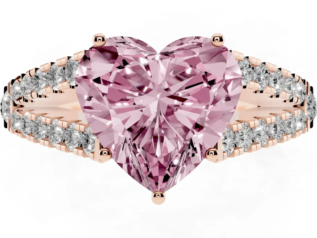 Fancy Pink Heart Cut Diamond Split Shank Engagement Ring with Round Pavé and Prong Setting Rose gold
