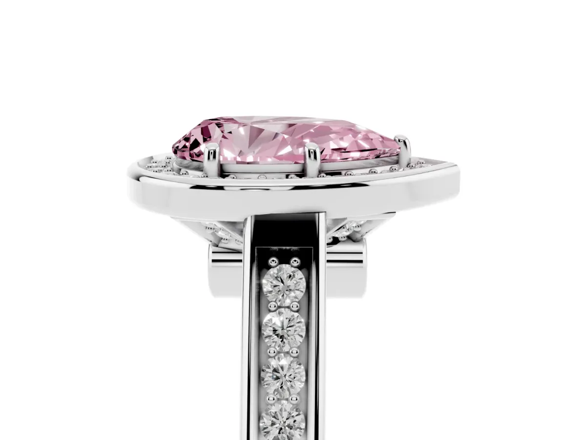 Fancy Pink Pear Cut Halo Solitaire Diamond Ring with Pave Band and Bezel Setting Silver