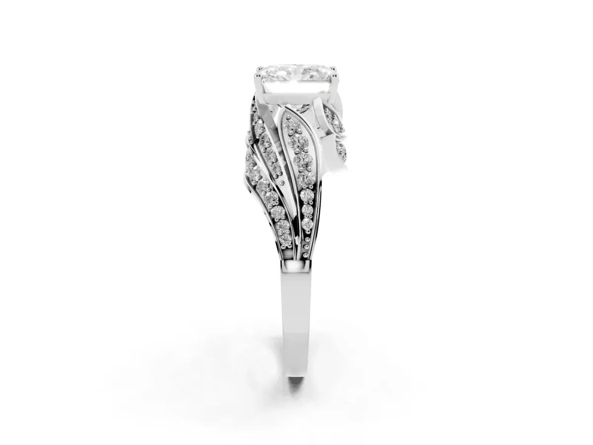 Radiant Cut Diamond Solitaire Ring with Prong Setting and Twisted Pavé Band Silver