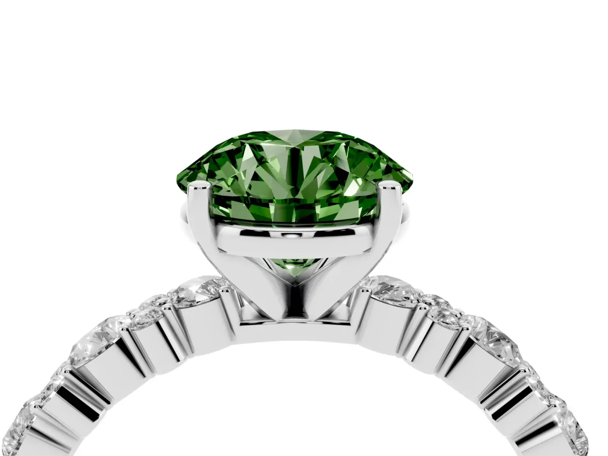 Fancy Green Round Cut Diamond Side Stone Solitaire Ring with Round and Four-Prong Setting Silver