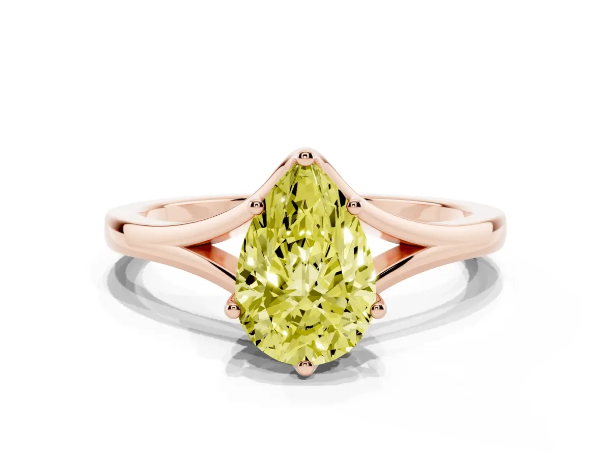 Fancy Yellow Pear Cut Solitaire Diamond Ring with Six-Prong Setting and Tapered Band Rose gold