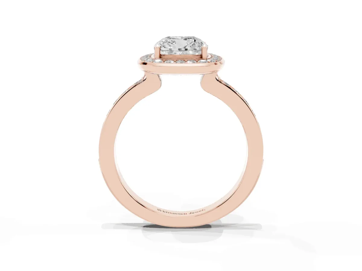 Cushion Cut Diamond Halo Ring with Bezel Frame and Pavé Band Rose gold