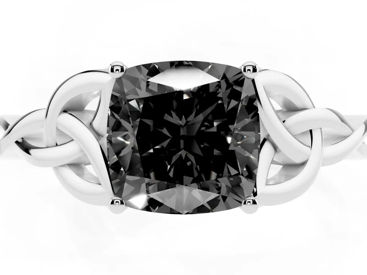 Fancy Black Cushion Cut Diamond Solitaire Engagement Ring with Celtic Knot Band and Four-Prong Setting Platinum
