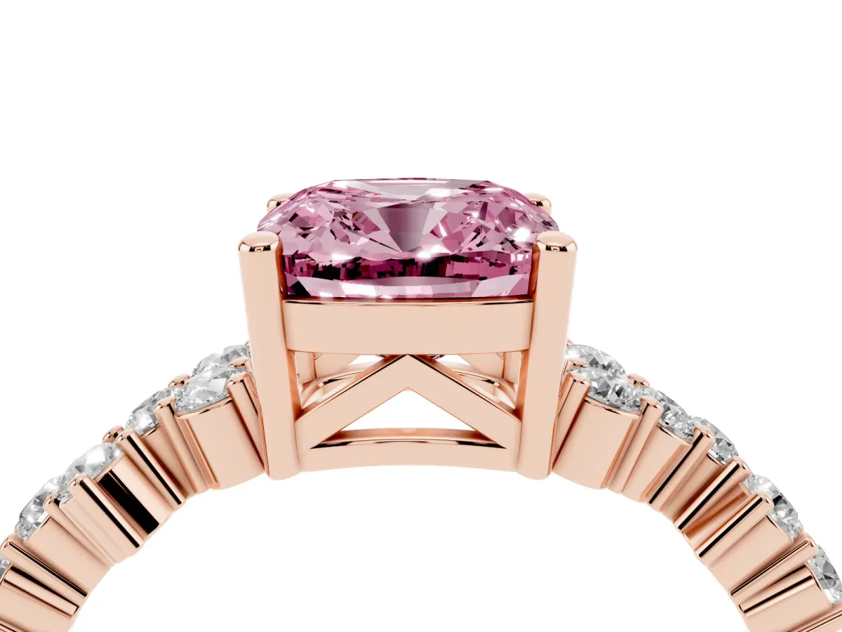 Fancy Pink Cushion Cut Diamond Scattered Round Accent Ring with Prong Setting Rose gold
