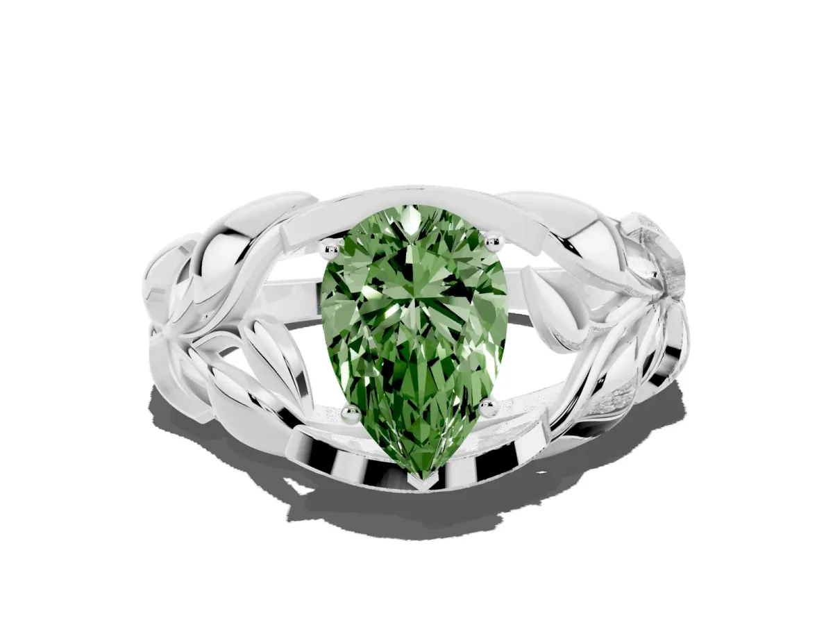 Fancy Green Pear Cut Diamond Leaf-Inspired Engagement Ring with Round Accents and Prong Setting Silver