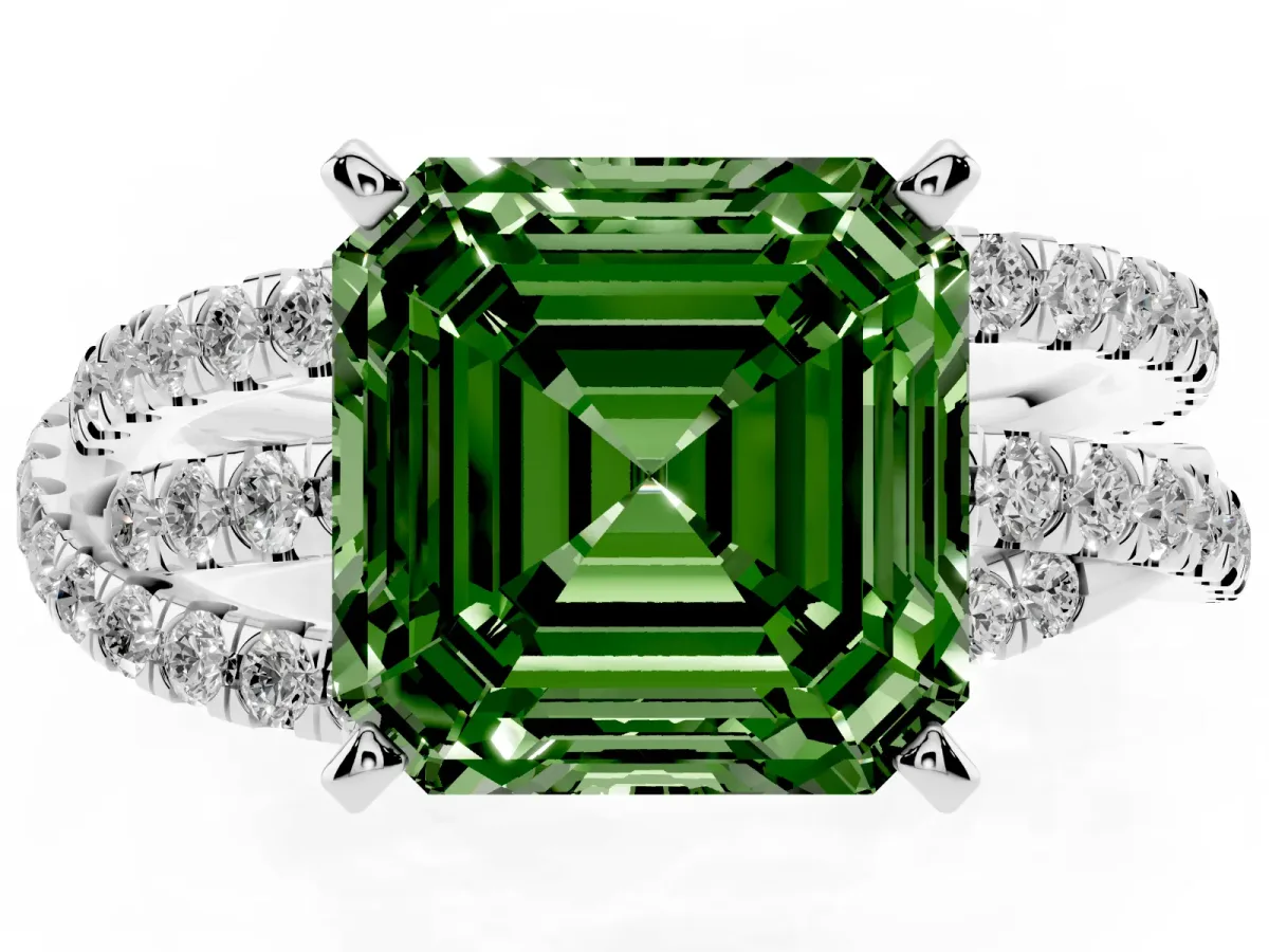 Fancy Green Asscher Cut Solitaire Twist Band with Pavé Setting and Four-Prong Setting Silver