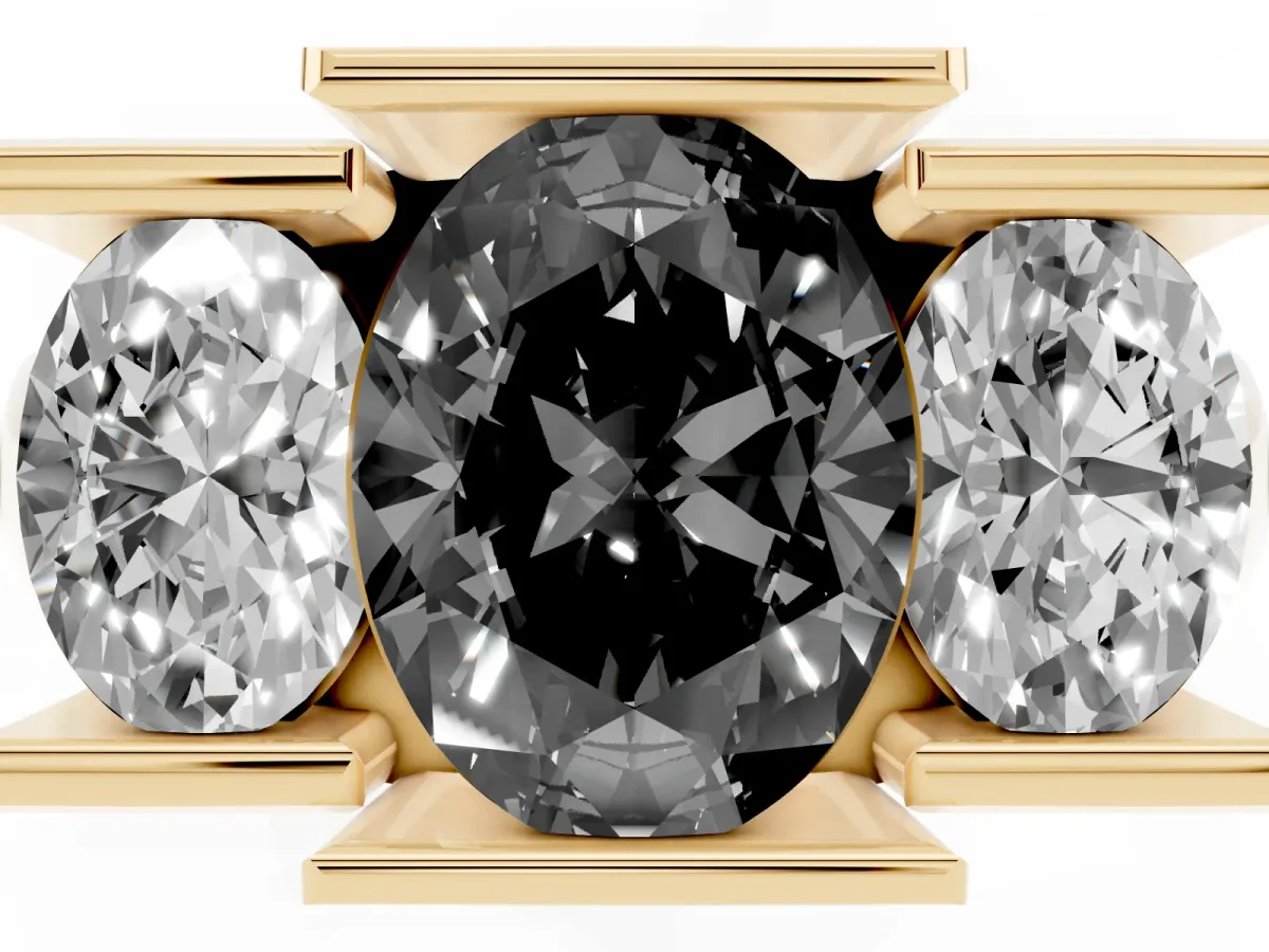 Fancy Black Three Stone Oval Cut Cut Channel Set Diamond Ring Yellow gold