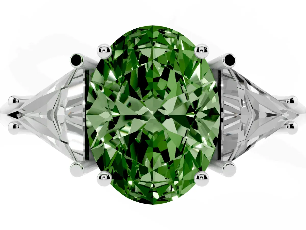 Fancy Green Three-Stone Oval Cut Diamond Engagement Ring with Trillion Side Stones and Prong Setting Silver