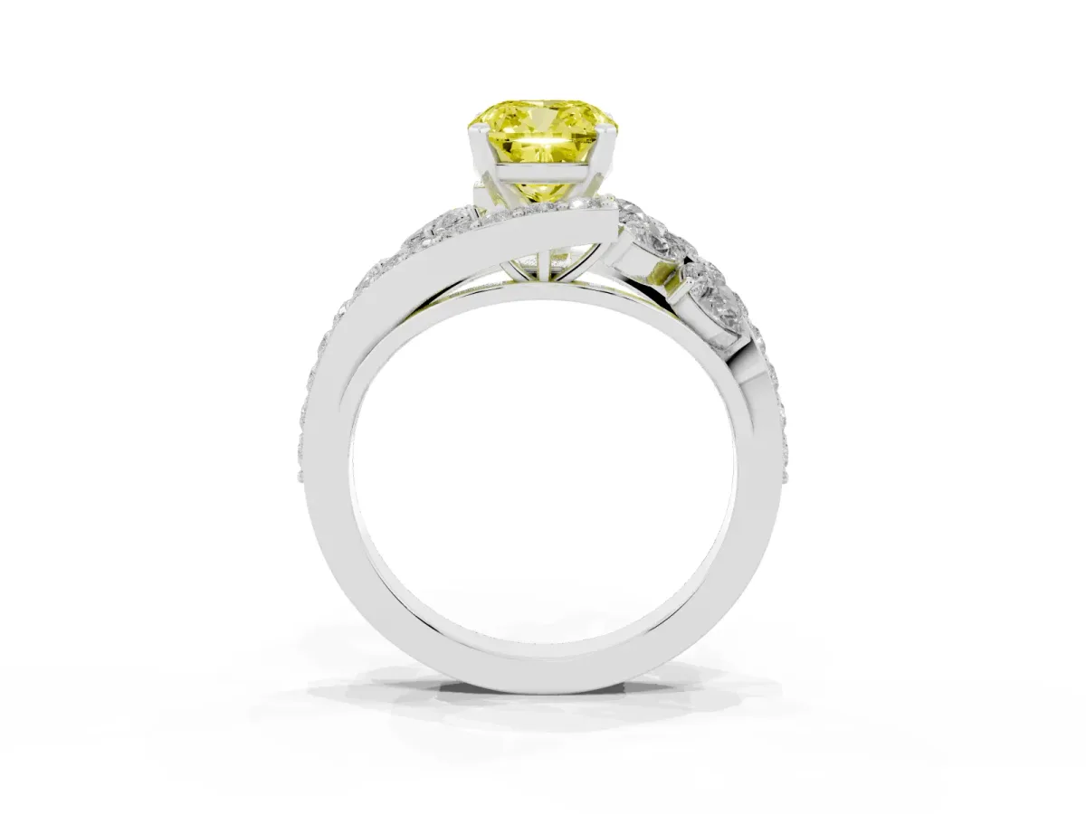 Fancy Yellow Cushion Cut Diamond Halo Ring with Marquise and Pavé Band in Prong Setting Silver