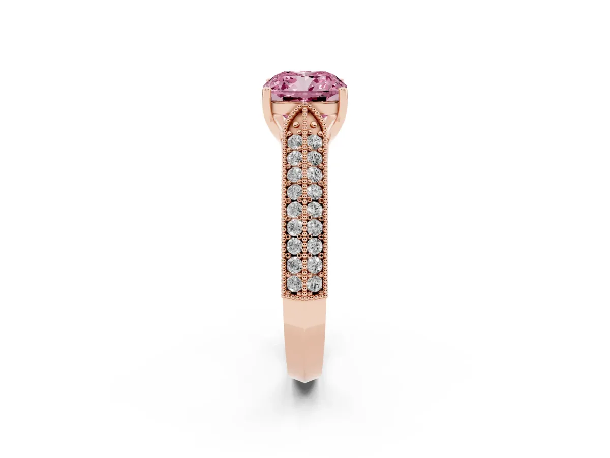 Fancy Pink Cushion Cut Cut Pave Split Shank Engagement Ring with Four-Prong Setting Rose gold