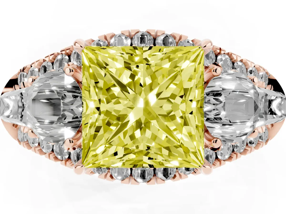 Fancy Yellow Three-Stone Princess Cut Diamond Engagement Ring with Pave Band and Prong Setting Rose gold