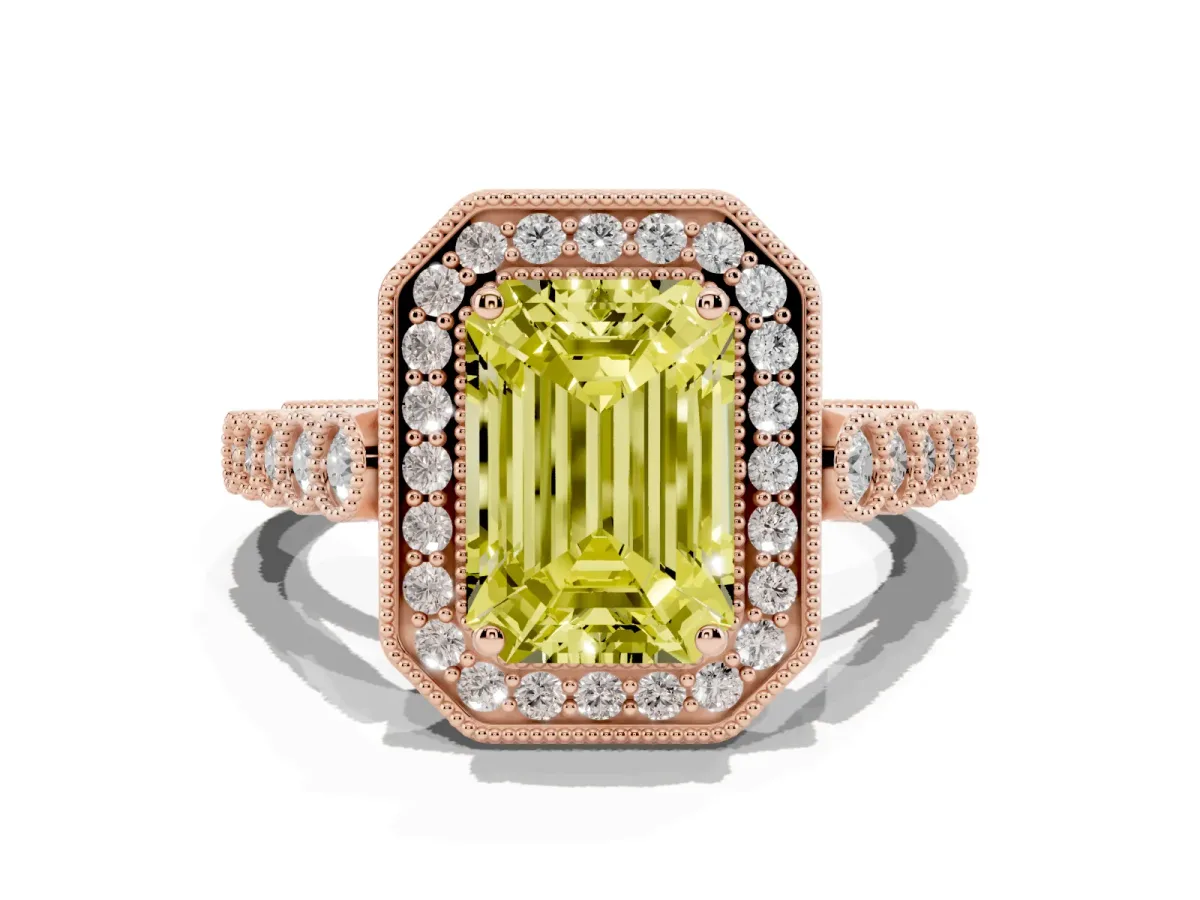 Fancy Yellow Emerald Cut Halo Milgrain Solitaire with Bezel Set Side Stones and Pave Band Rose gold