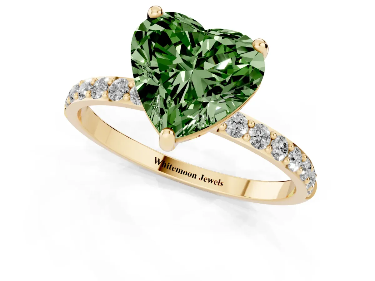 Fancy Green Heart Cut Diamond Solitaire Ring with Round Pavé Band and Prong Setting Yellow gold