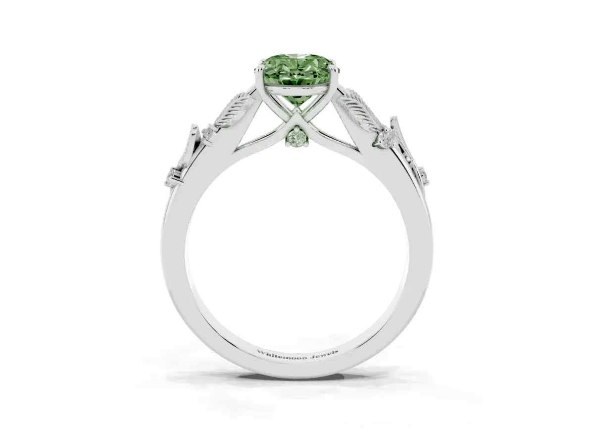 Fancy Green Oval Cut Diamond Solitaire Ring with Leaf Motif Band and Four-Prong Setting Silver