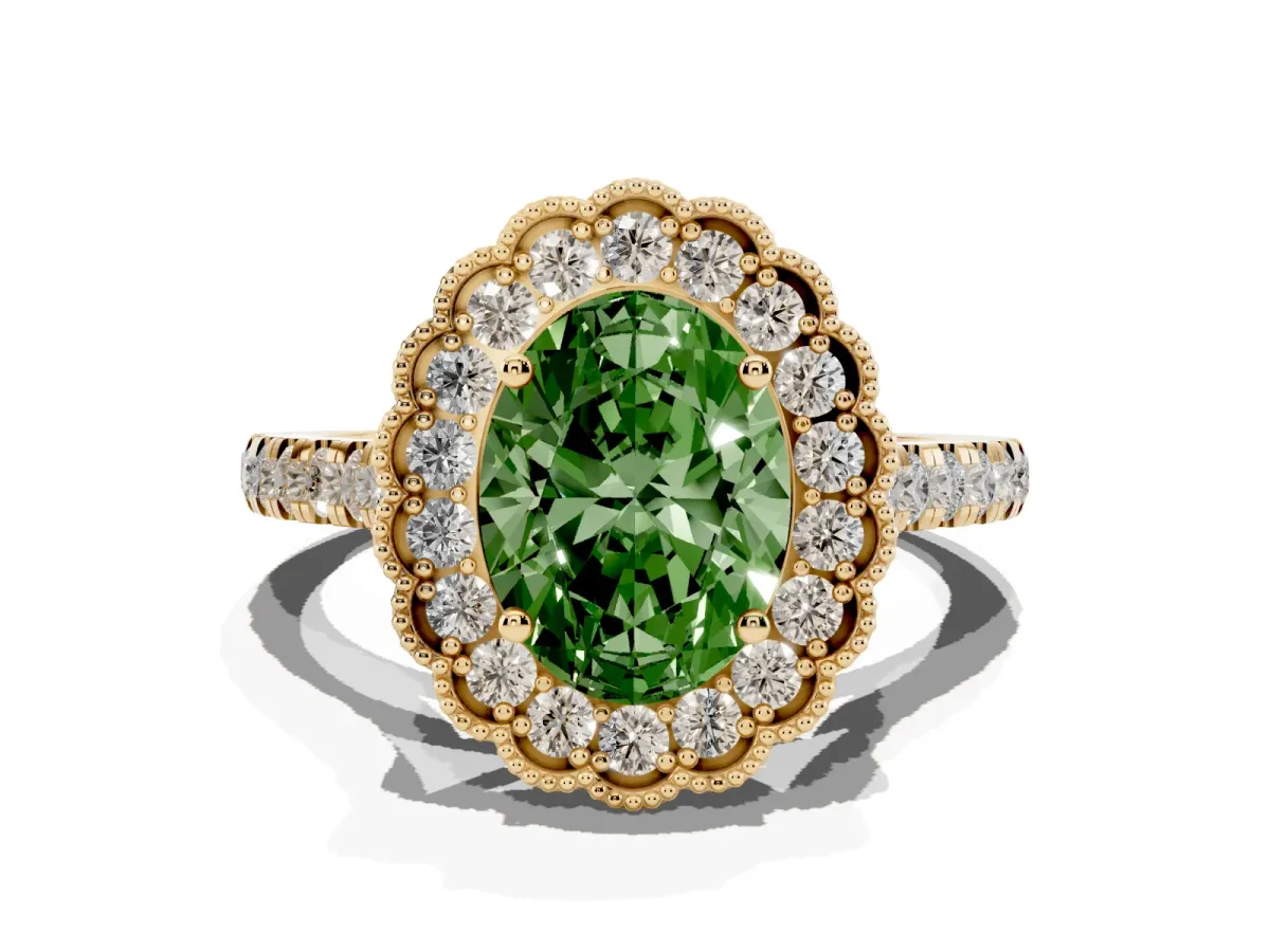 Fancy Green Oval Cut Cut Diamond Milgrain Floral Halo Engagement Ring with Pavé Band Yellow gold