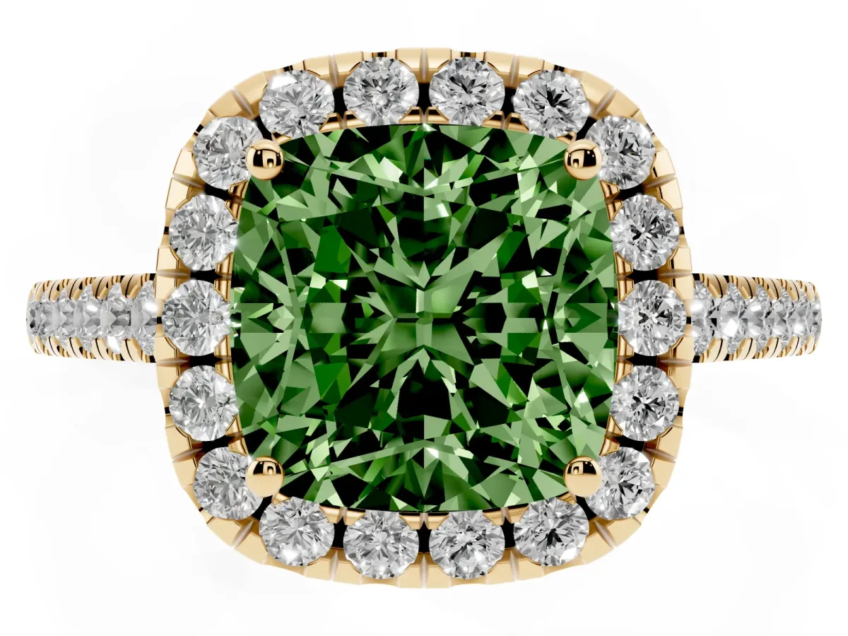 Fancy Green Cushion Cut Halo Pavé Diamond Engagement Ring with Four-Prong Setting Yellow gold