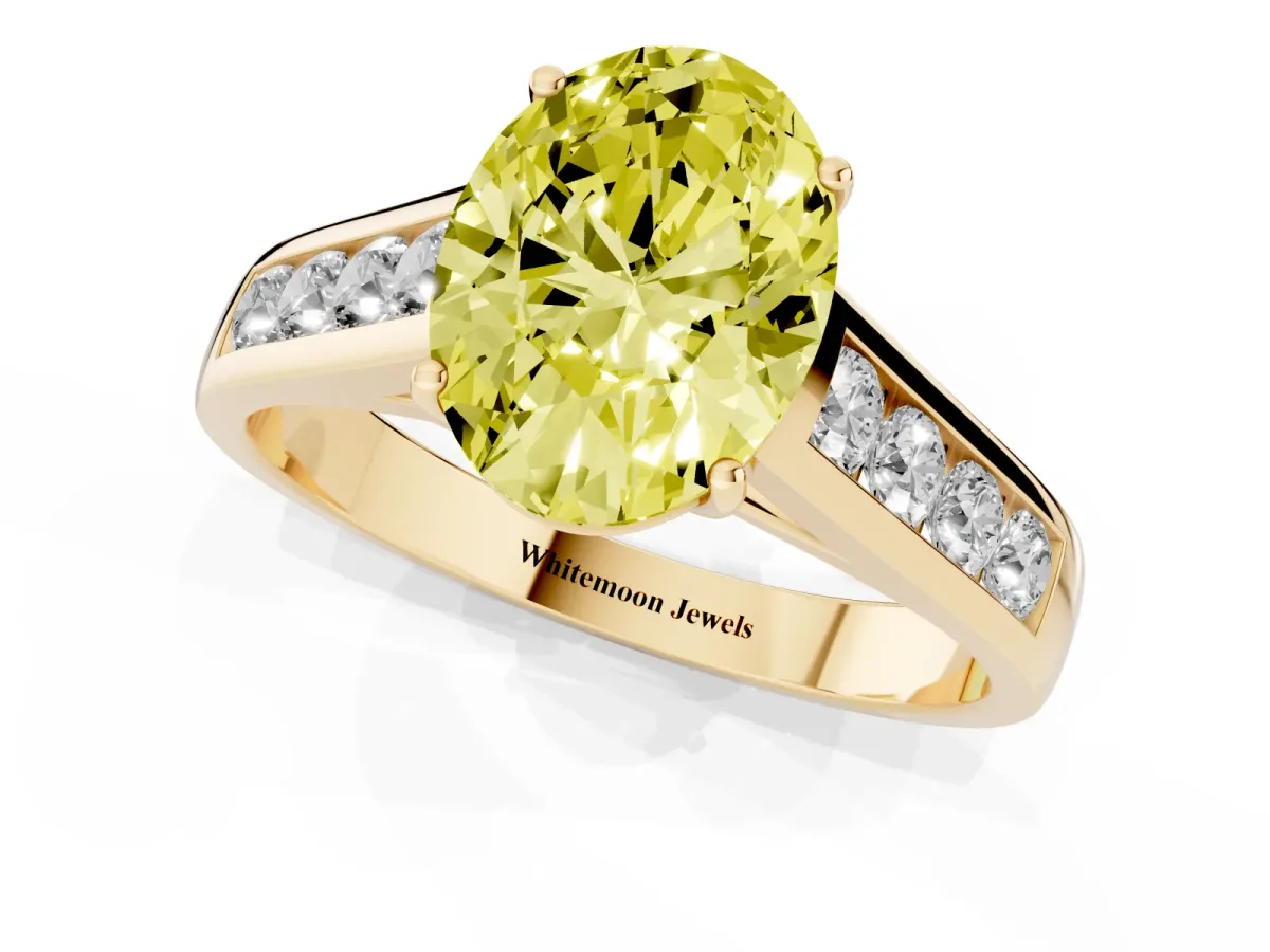 Fancy Yellow Oval Cut Brilliant Channel-Set Solitaire Ring with Four-Prong Setting Yellow gold