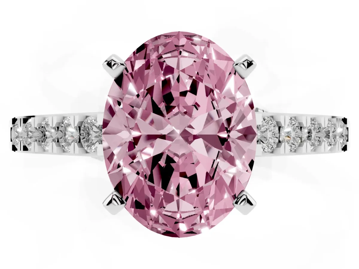 Fancy Pink Oval Cut Diamond Solitaire Ring with Crossover Gallery and Round Pavé Band Platinum