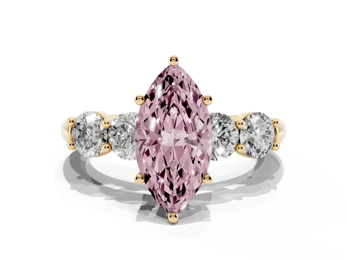 Fancy Pink Marquise Cut Cut Five-Stone Prong Set Diamond Ring with Classic Band Yellow gold